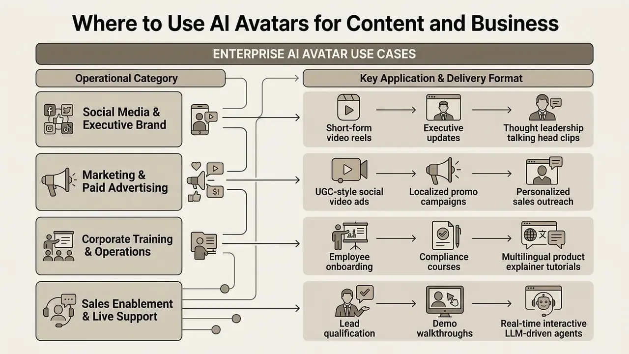 Table mapping operational categories like marketing and training to specific digital video applications