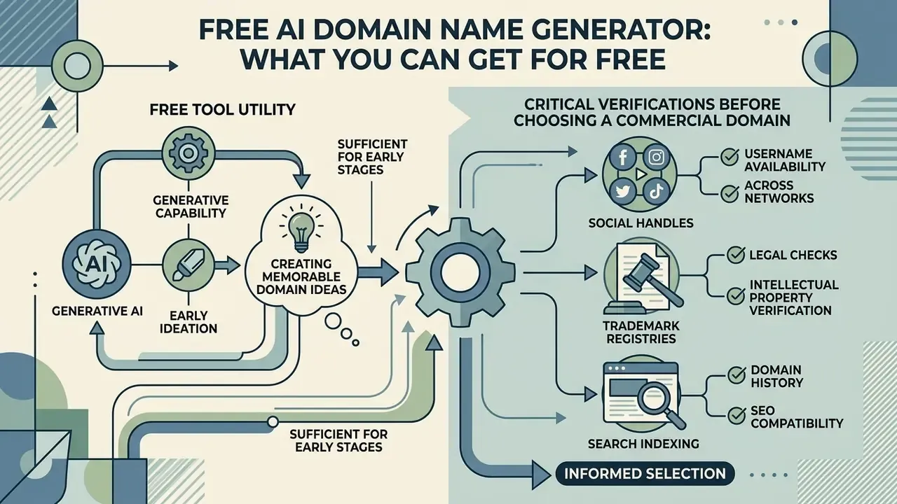 Visual guide linking AI domain name generator ideation to essential social and legal verification steps
