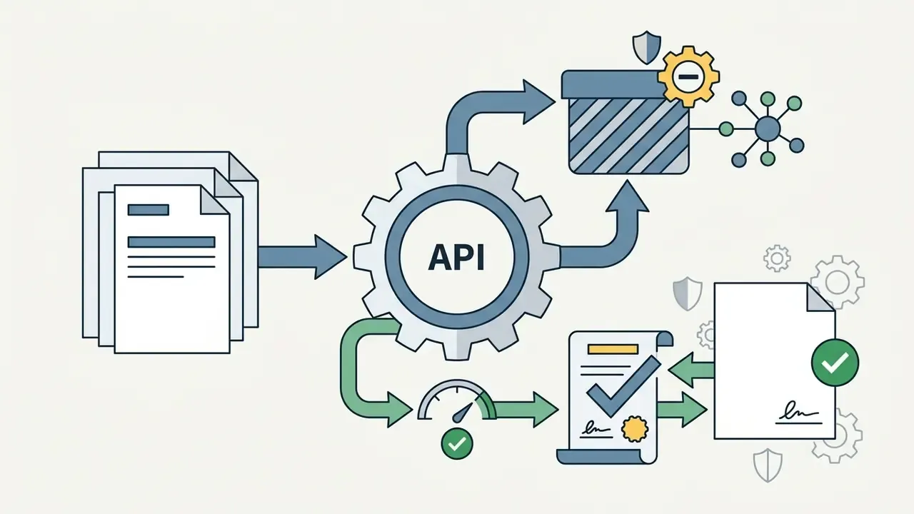 Documents feeding into an API gear mechanism that routes data to secure processing and contract verification