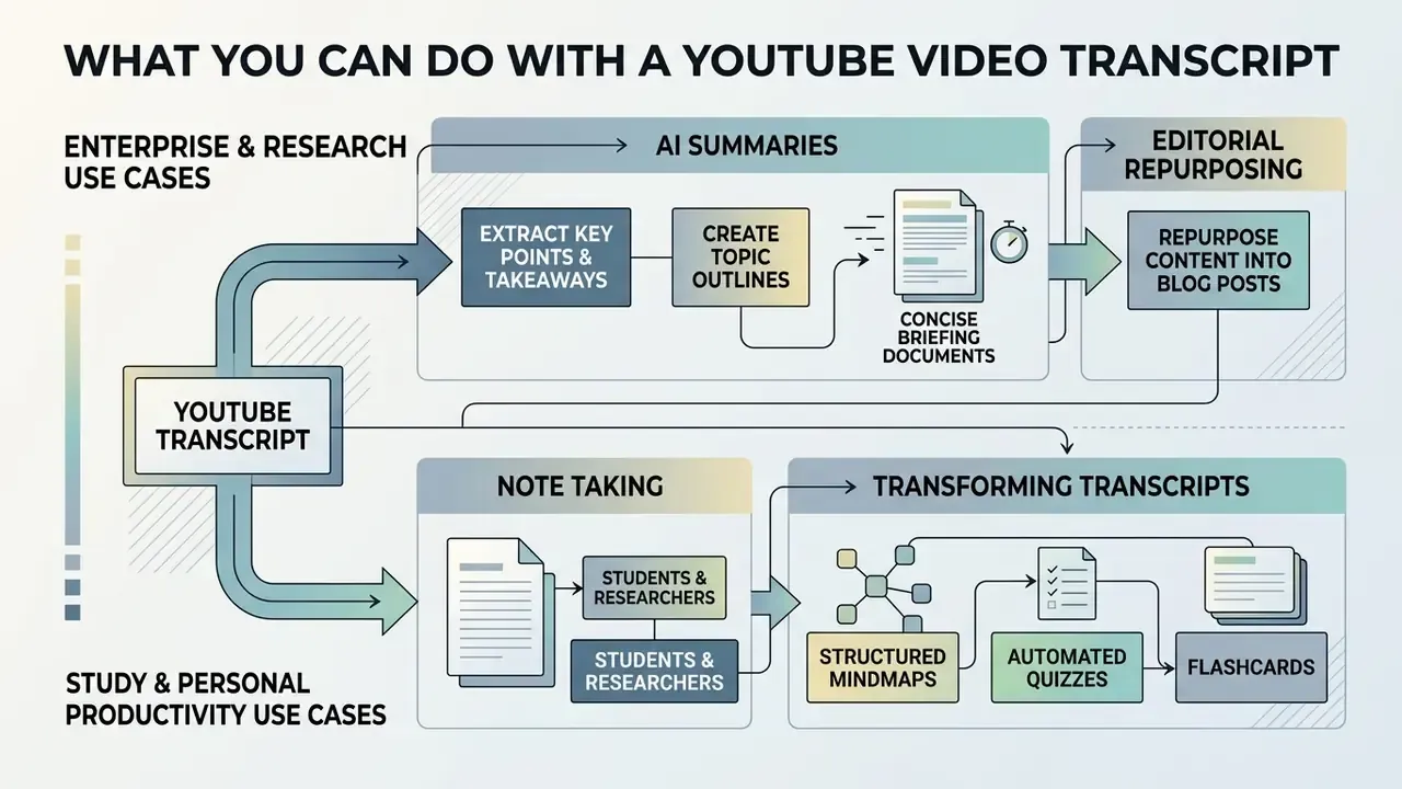 Flowchart showing how a YouTube transcript is converted into AI summaries, blog posts, and study materials