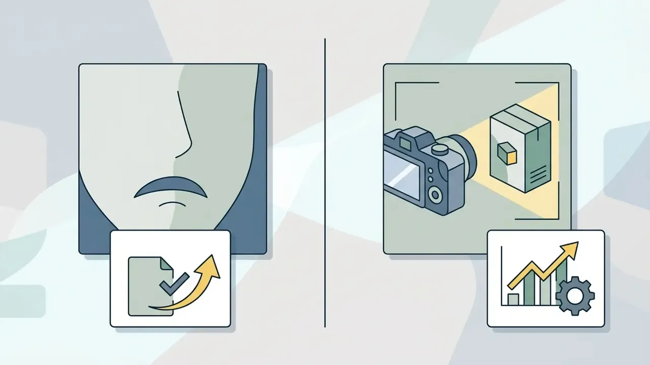Side by side comparison of a human face cutout and a product photography setup with performance icons
