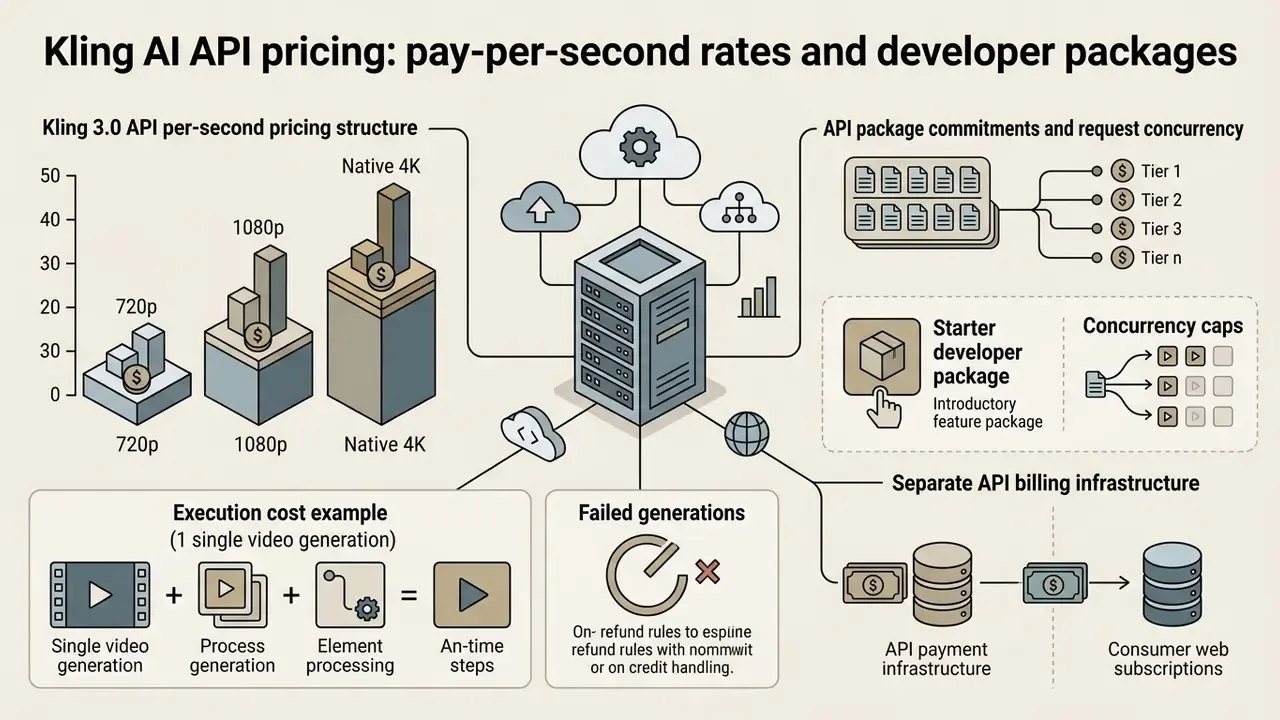 Infographic detailing Kling AI API billing structures, concurrency tiers, and video generation costs