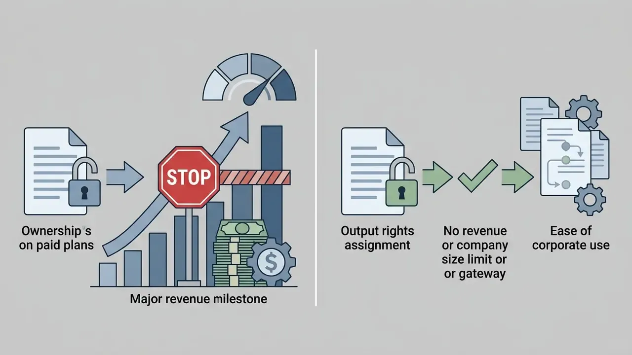 Split graphic showing a revenue stop sign for Midjourney versus unrestricted corporate use for ChatGPT