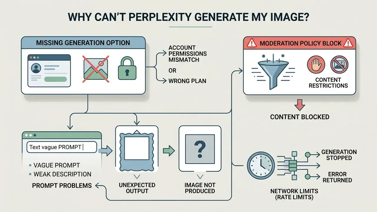 Flowchart outlining common reasons for Perplexity AI image generation failures like policy or rate limits
