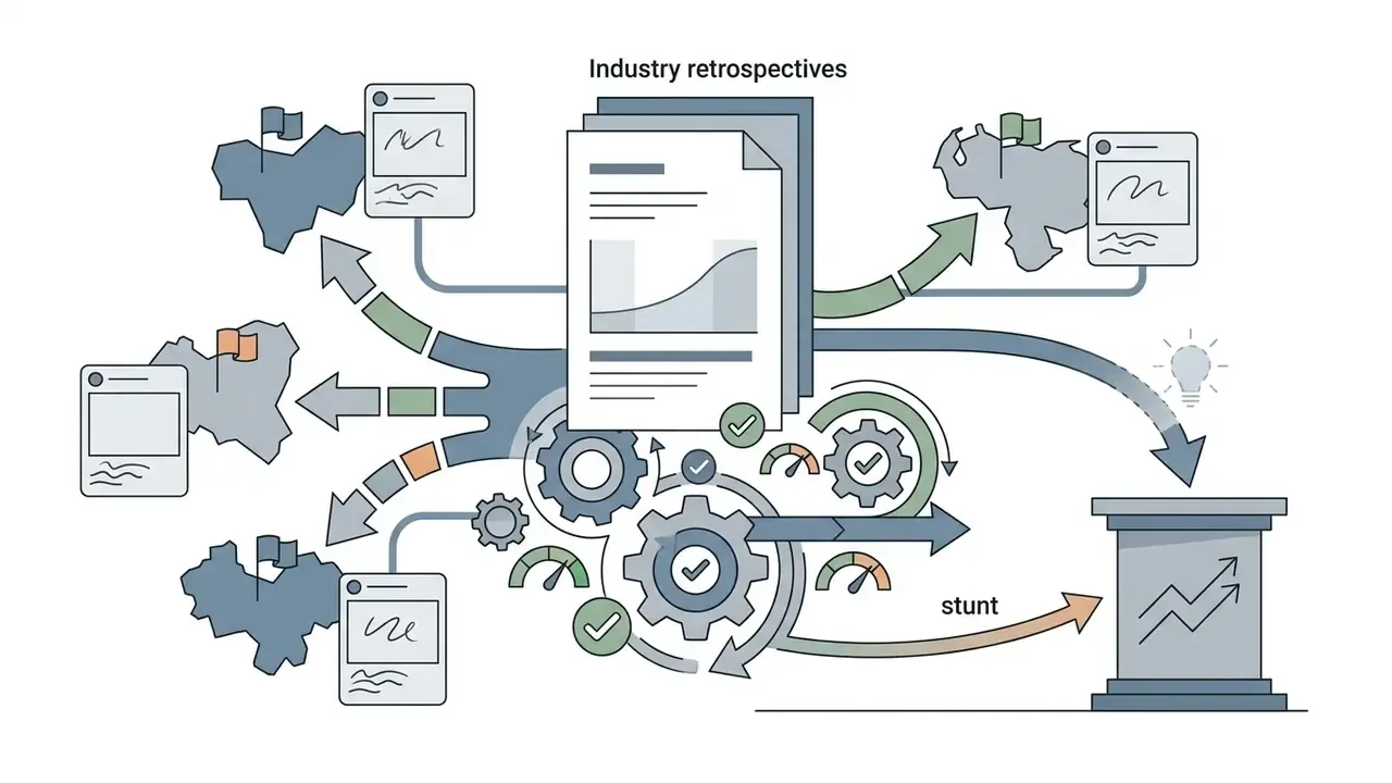 Document icons and regional maps connected by gears and arrows to a rising trend pedestal
