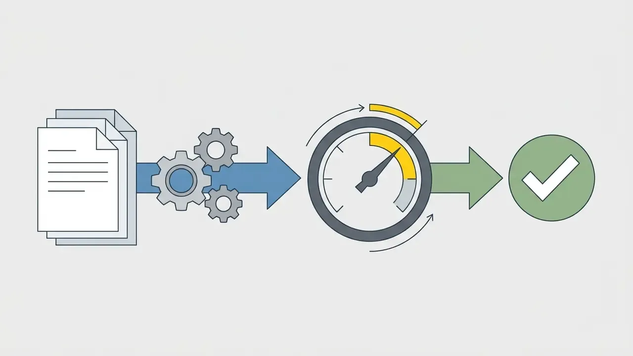 Documents and gears moving through a gauge to reach a green checkmark indicating a completed process