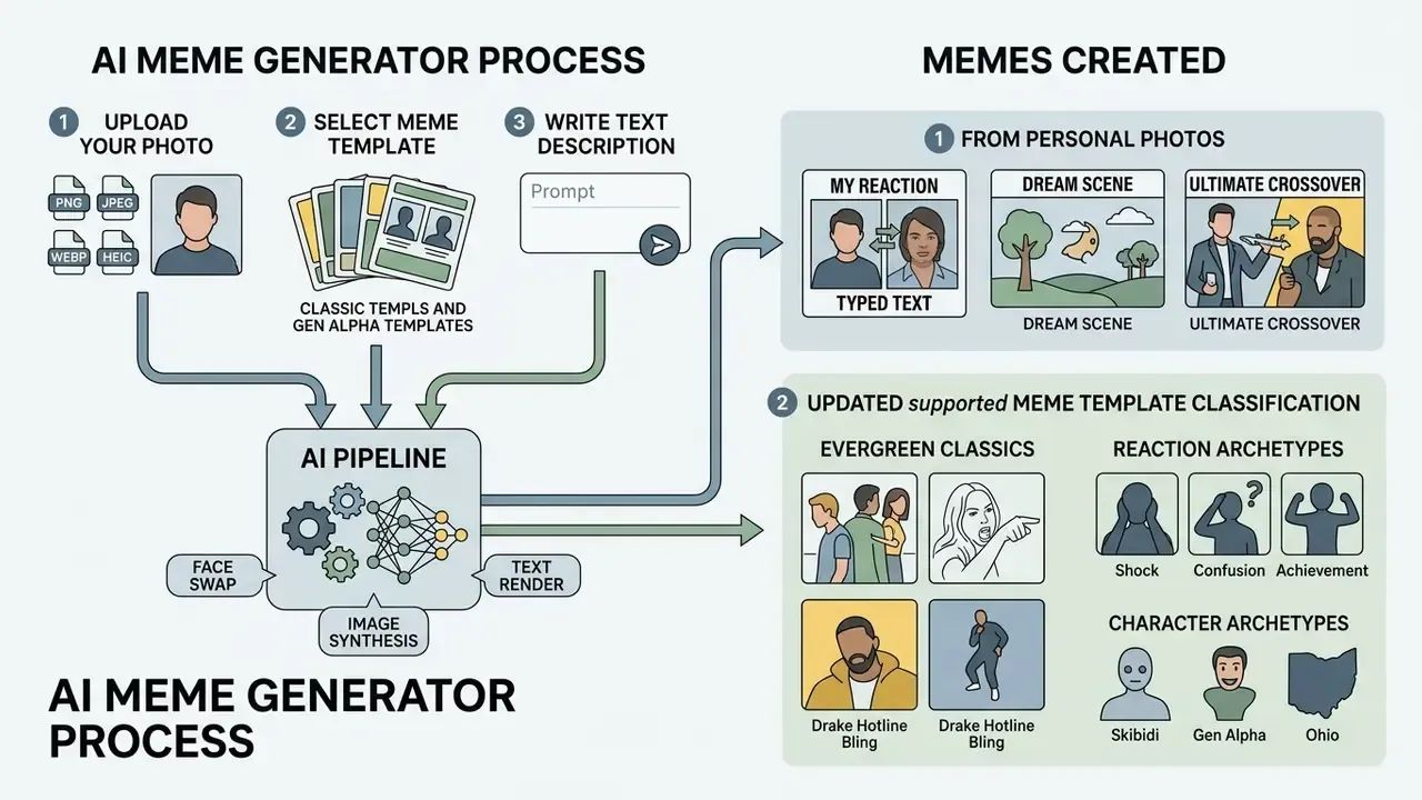 Flowchart showing how an AI pipeline transforms user photos, templates, and prompts into various memes