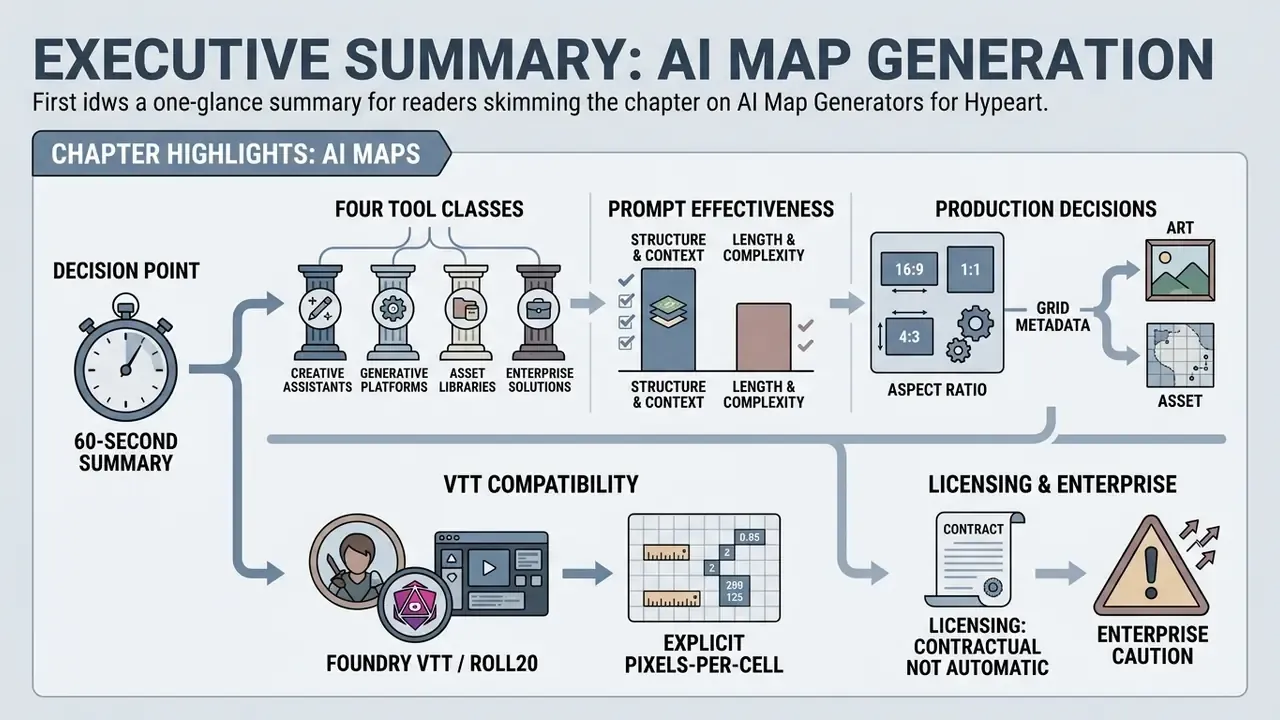 Flowchart outlining key considerations for AI map generator tools including tool classes and licensing