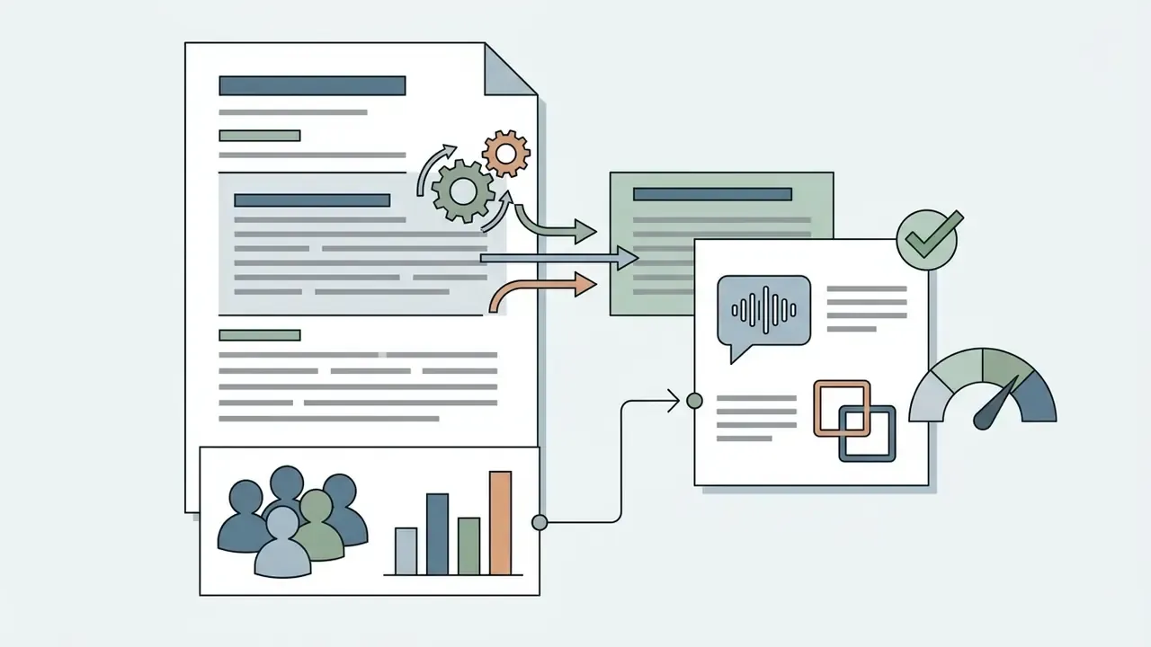 Text document with gears and user statistics being processed into a summary report with audio and performance icons