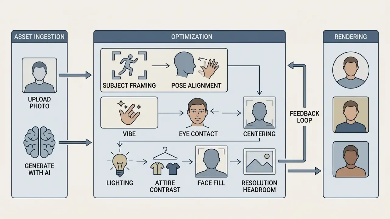 Workflow steps from asset ingestion to optimization and rendering for a polished headshot