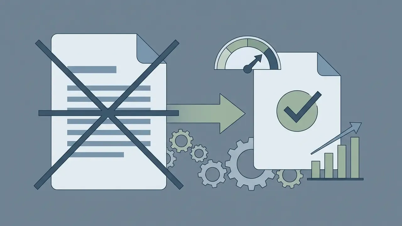 Document marked with an X moving through gears toward a validated document with a speed gauge and growth chart