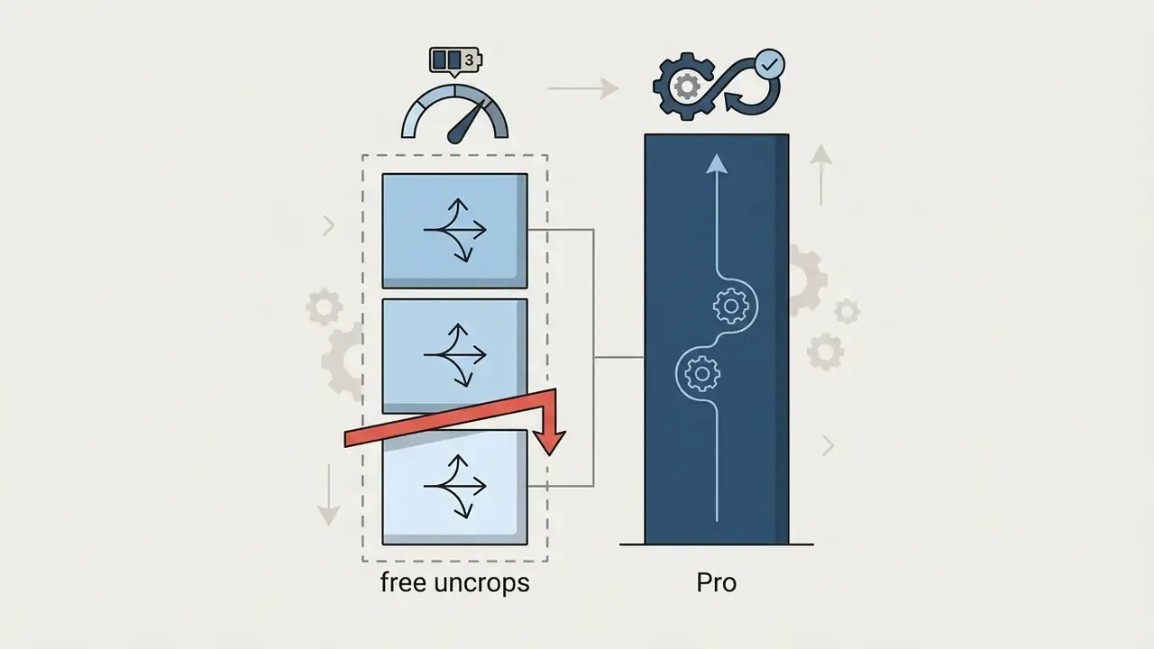 Three squares representing free uncrops leading to a Pro column with an infinity symbol and gears