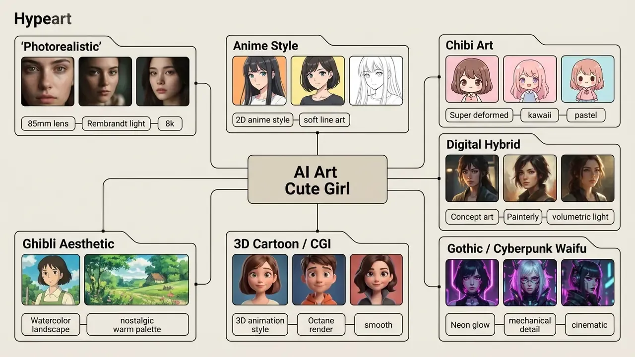 Mind map categorizing various artistic styles for AI art cute girl portraits with associated prompt tags