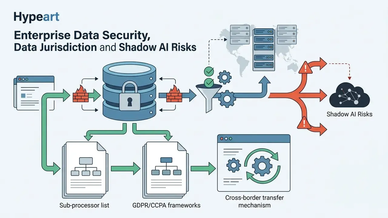 Data flow diagram showing secure storage routing to compliance documents and potential shadow AI risks