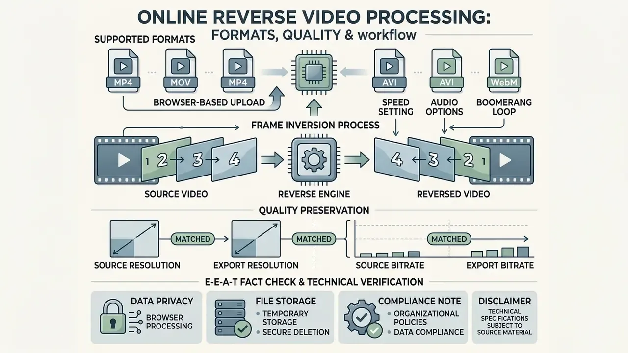 Infographic detailing how reverse video online tools process file formats and maintain quality settings