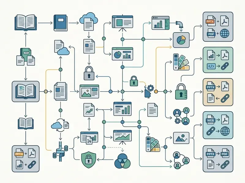 Complex network of document inputs and processing steps leading to various file export formats
