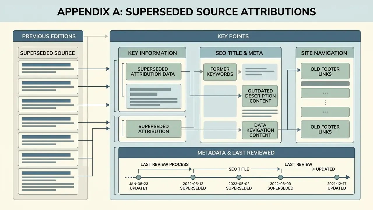 Layout showing how previous source attributions map to key information, SEO metadata, and site navigation