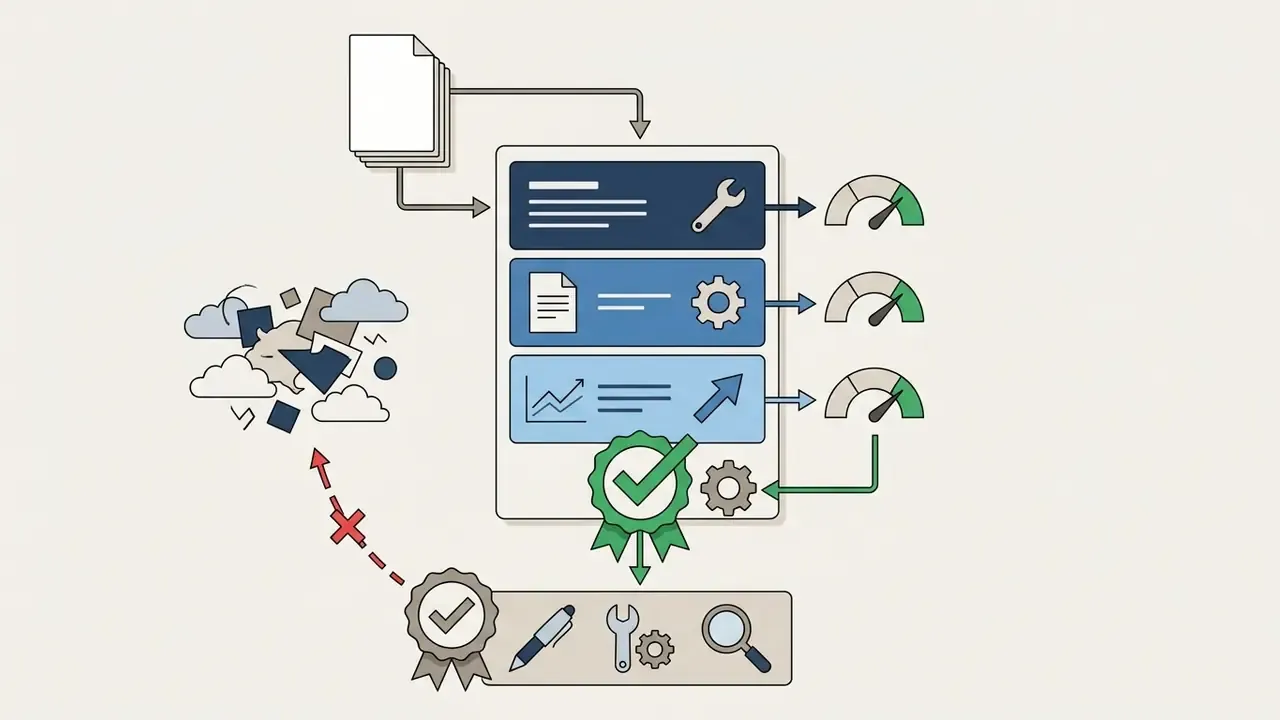 Documents feeding into tiered processing panels with gauges and a final approval badge for AI workflows
