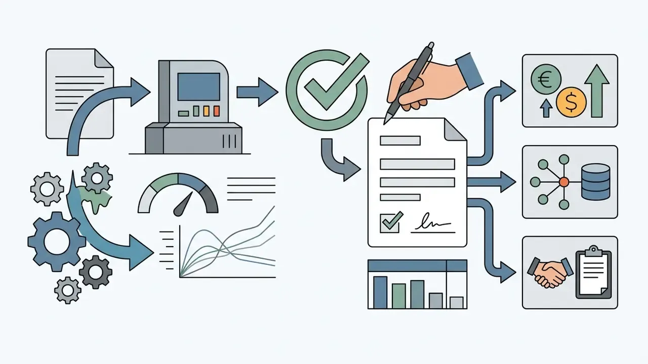 Manual sign-off process where a hand signs a document after automated data analysis and model verification
