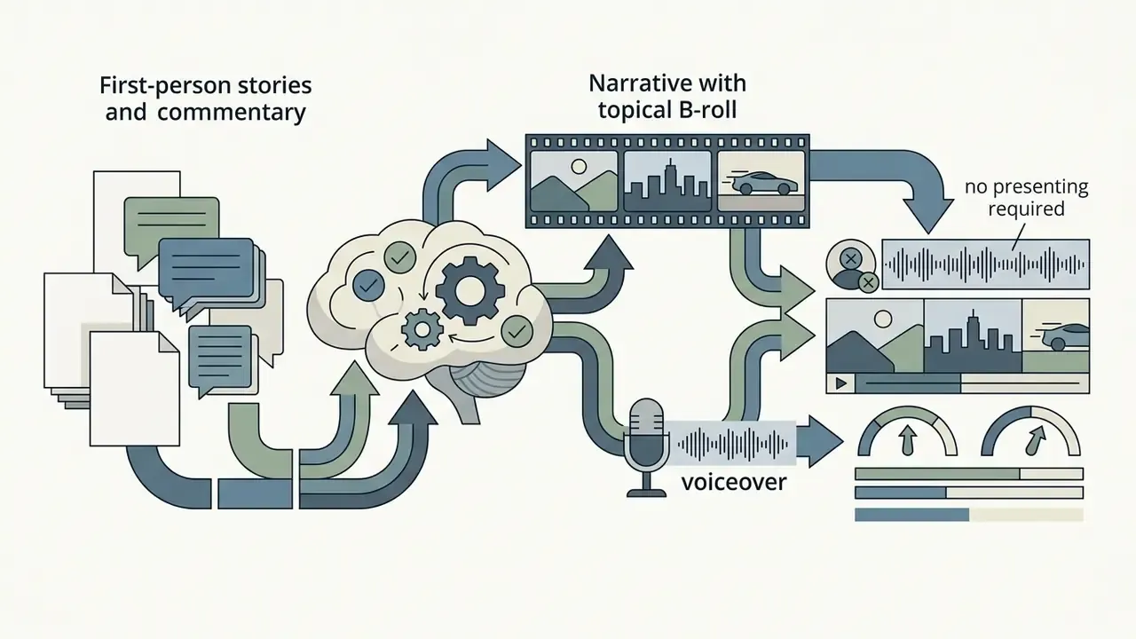 Written stories and chat bubbles feeding into a brain processor to generate B-roll and voiceover content