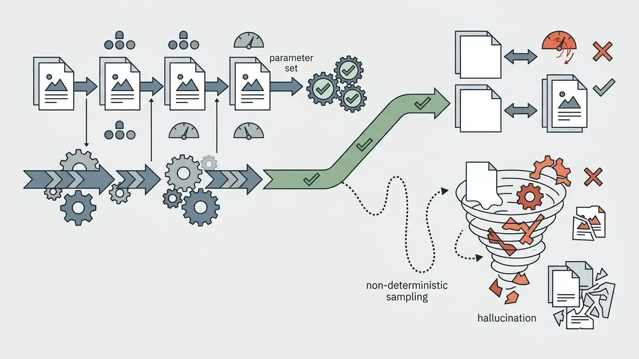 Workflow showing deterministic processing versus non-deterministic sampling leading to image hallucination
