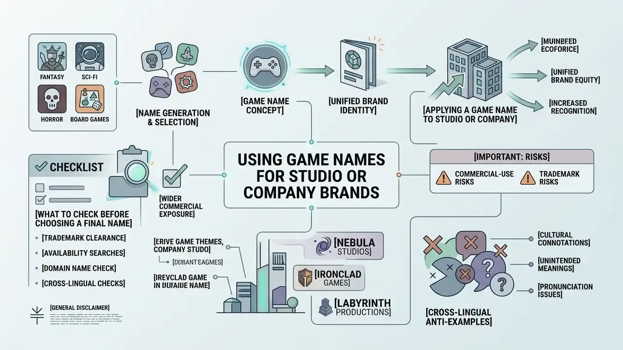 Infographic mapping the process of turning a video game name into a studio or company brand identity