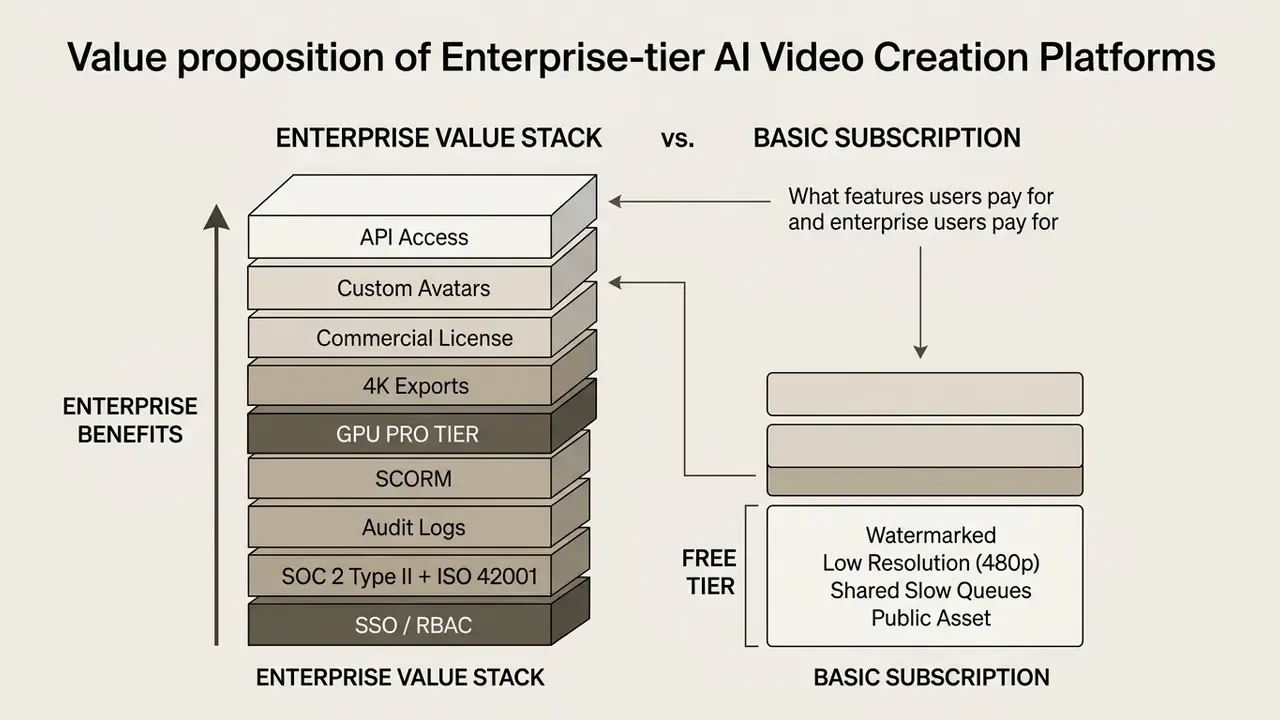 Stacked diagram comparing enterprise AI video creation platform features against basic subscription tiers
