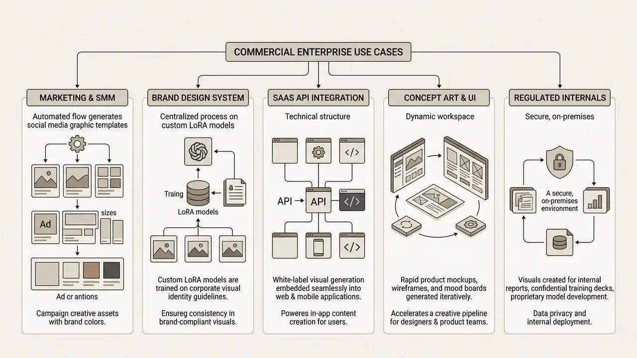 Hierarchical diagram detailing five distinct commercial enterprise use cases for generative model deployment