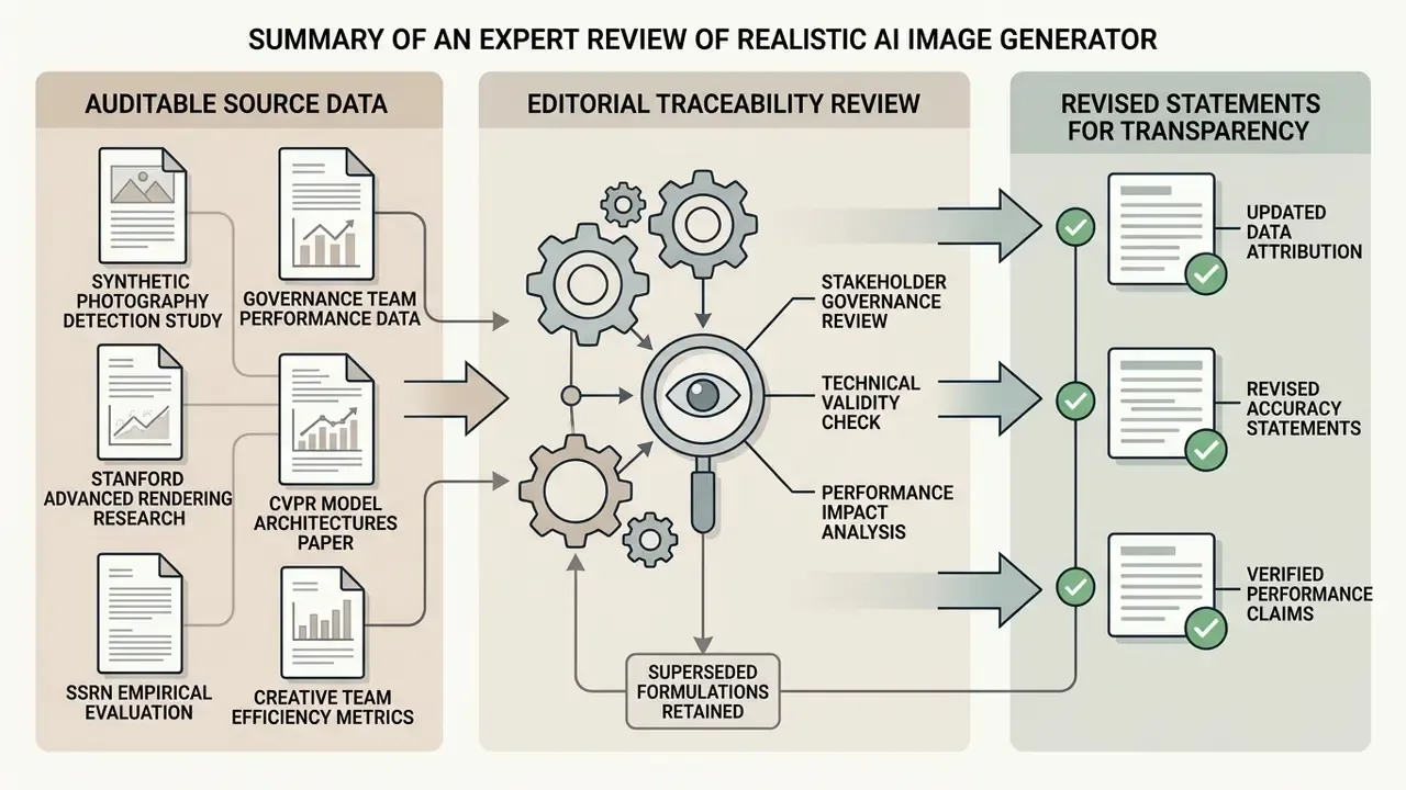 Process map showing source data feeding into an editorial review cycle to produce revised transparency statements