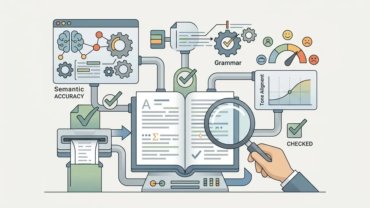 Hand using a magnifying glass to inspect an open book connected to digital grammar and tone analysis tools