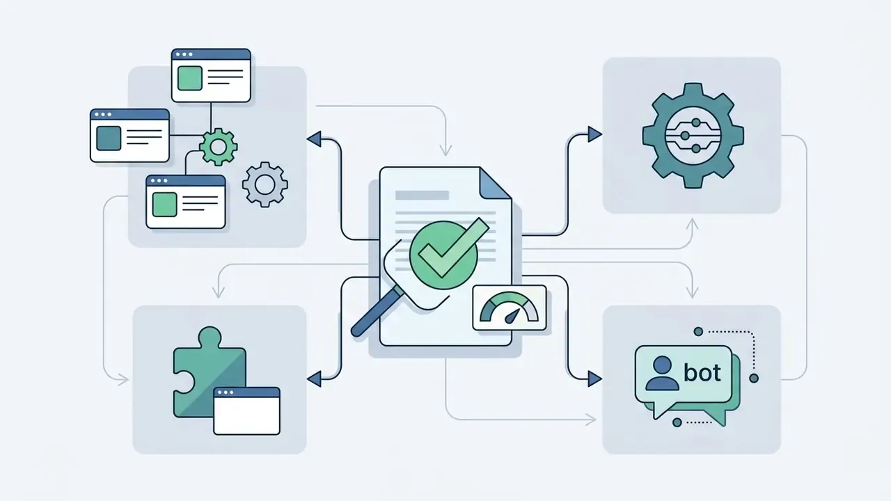 Central document with a checkmark connected to software windows, a puzzle piece, a gear, and a chat bot