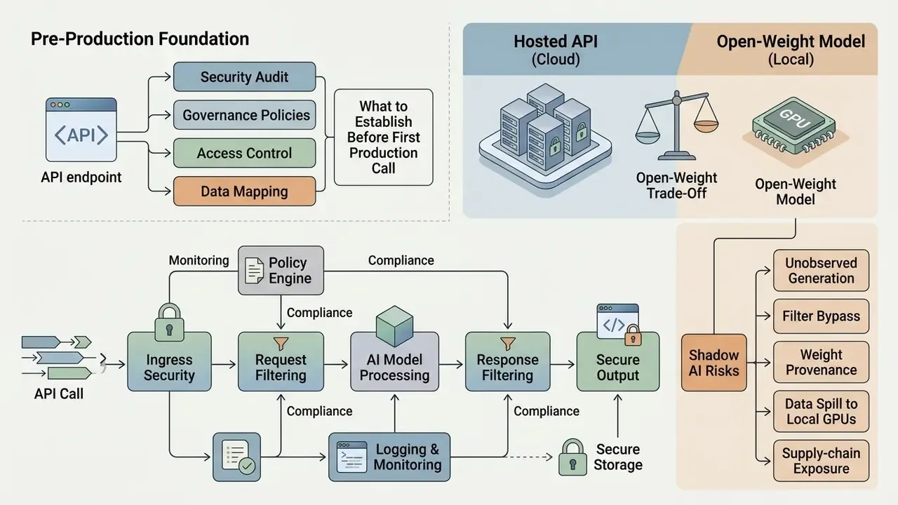 Diagram detailing pre-production security foundations, API governance, and risks of local AI deployment