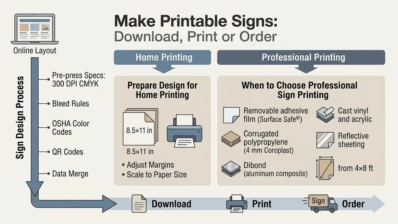 Infographic comparing home printing requirements with professional material options for sign production