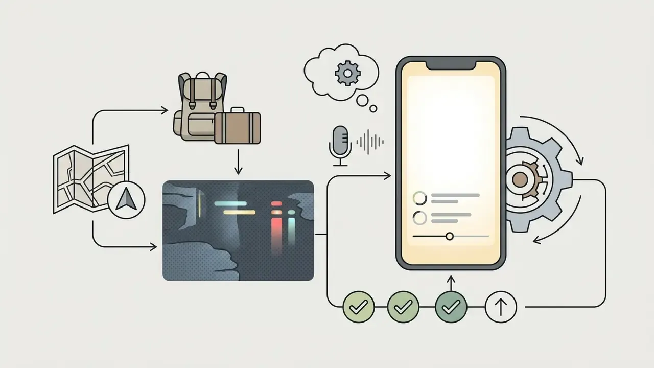 Vertical smartphone screen displaying travel vlog editing steps with map, backpack, and gear icons