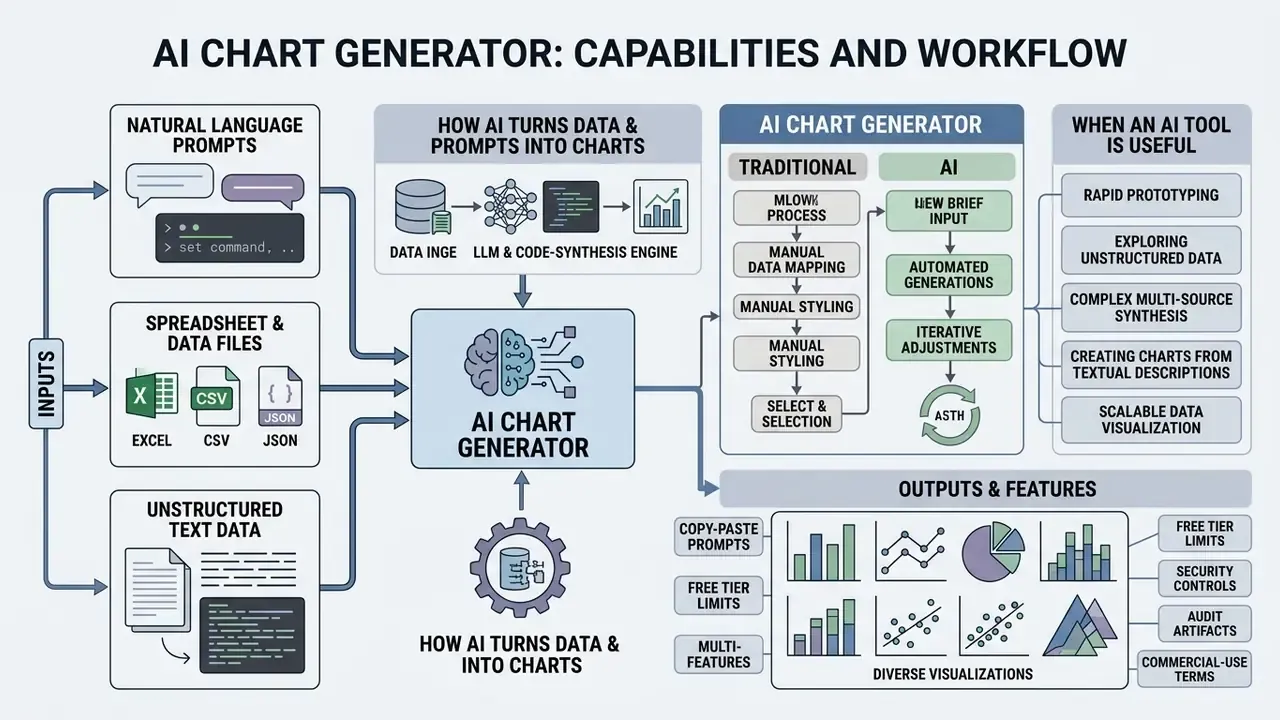 Flowchart detailing the inputs, processing steps, and output capabilities of an AI chart generator
