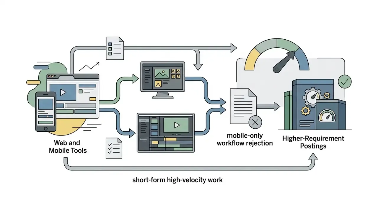 Mobile and web tools transitioning into professional software workflows for remote video editor jobs
