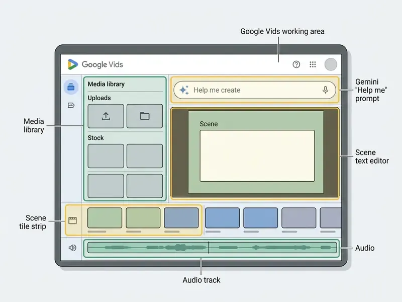 Google Vids workspace layout showing the media library, scene editor, tile strip, and audio track