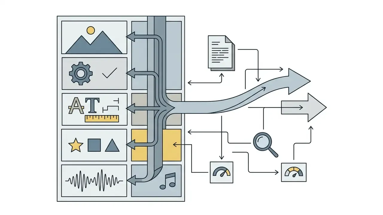 Panel of creative assets feeding into a central stream that branches out toward various output markers