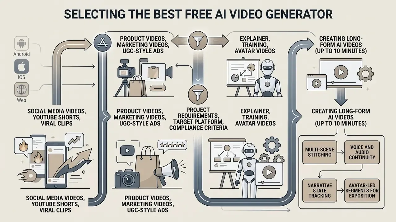 Diagram showing the process of choosing a free AI video generator based on project and technical needs