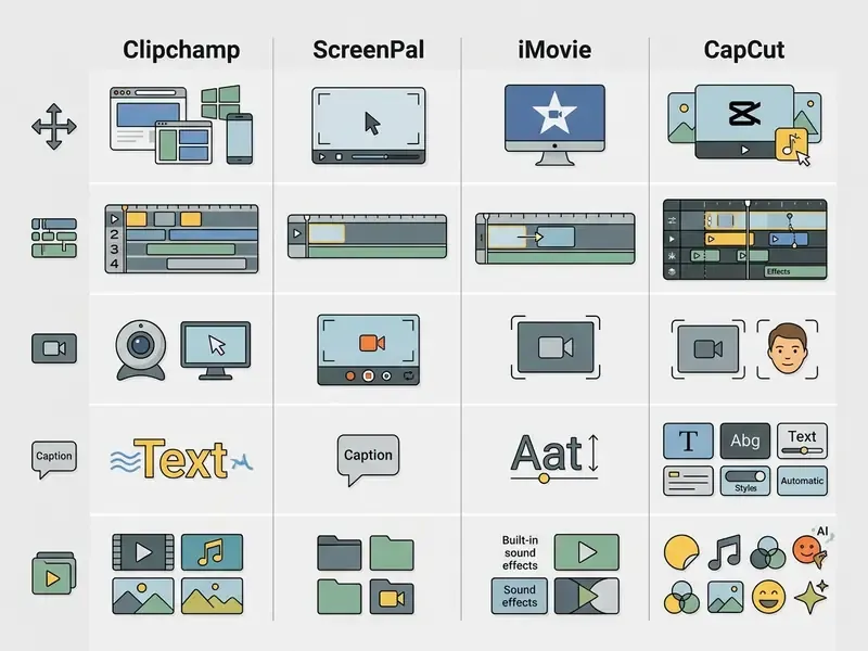 Matrix comparing platform, timeline, screen capture, caption, and asset features for four video editors