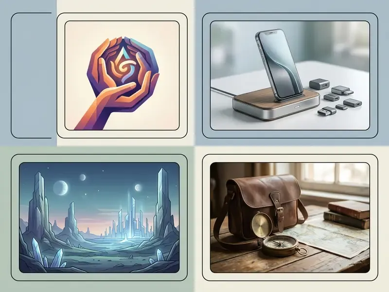 Four distinct AI generated images showing a stylized logo, tech product, sci-fi landscape, and travel gear