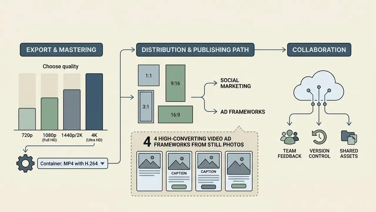 Workflow diagram showing video export quality settings, aspect ratios, ad frameworks, and collaboration