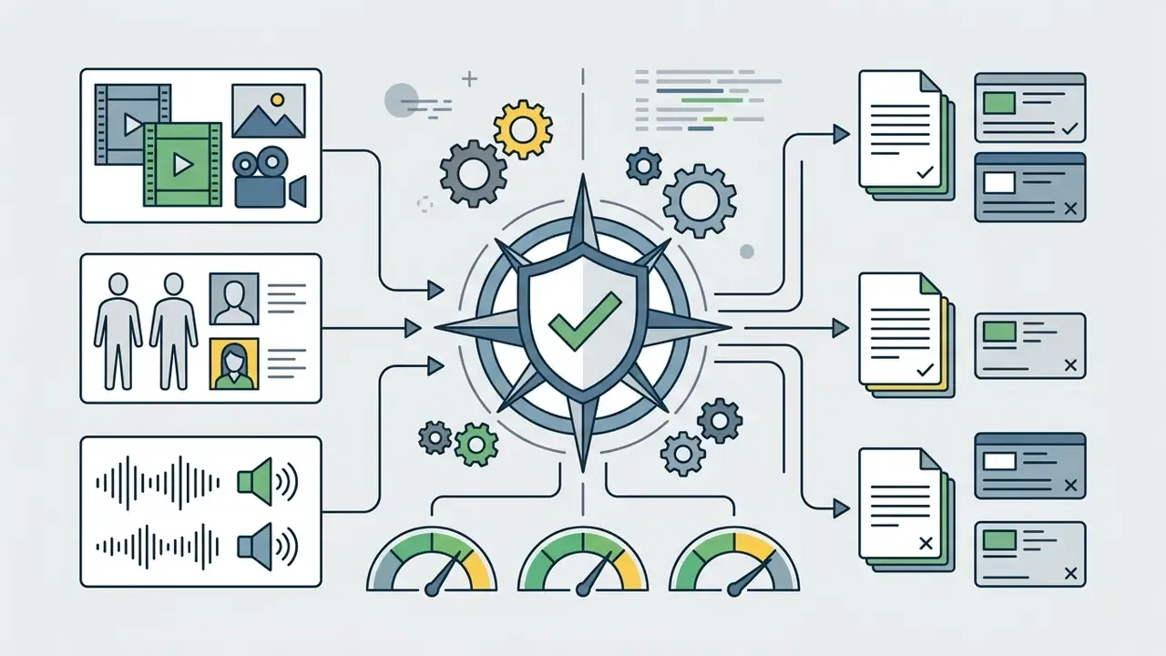 Icons of media assets connecting to a central shield and document verification symbols