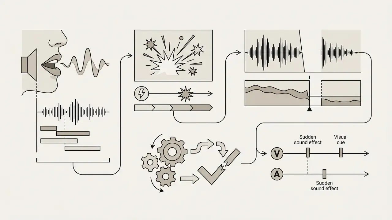 Line art showing audio and visual desynchronization patterns in OpenAI Sora generated video sequences