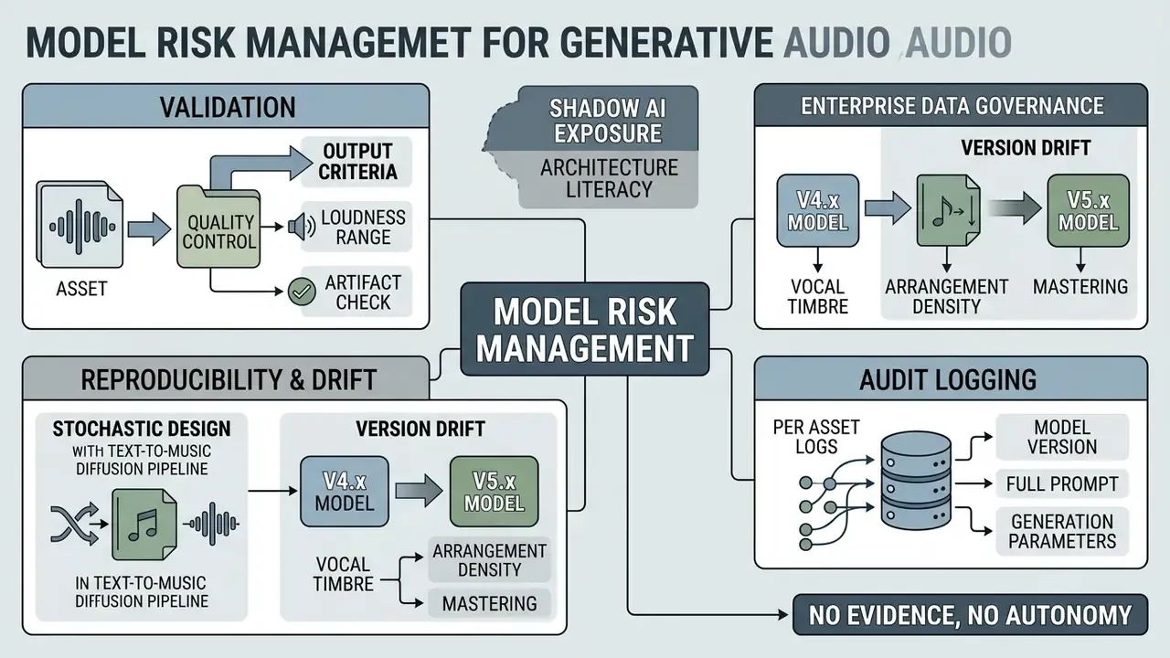 Diagram detailing generative audio risk management through validation, version drift, and audit logging