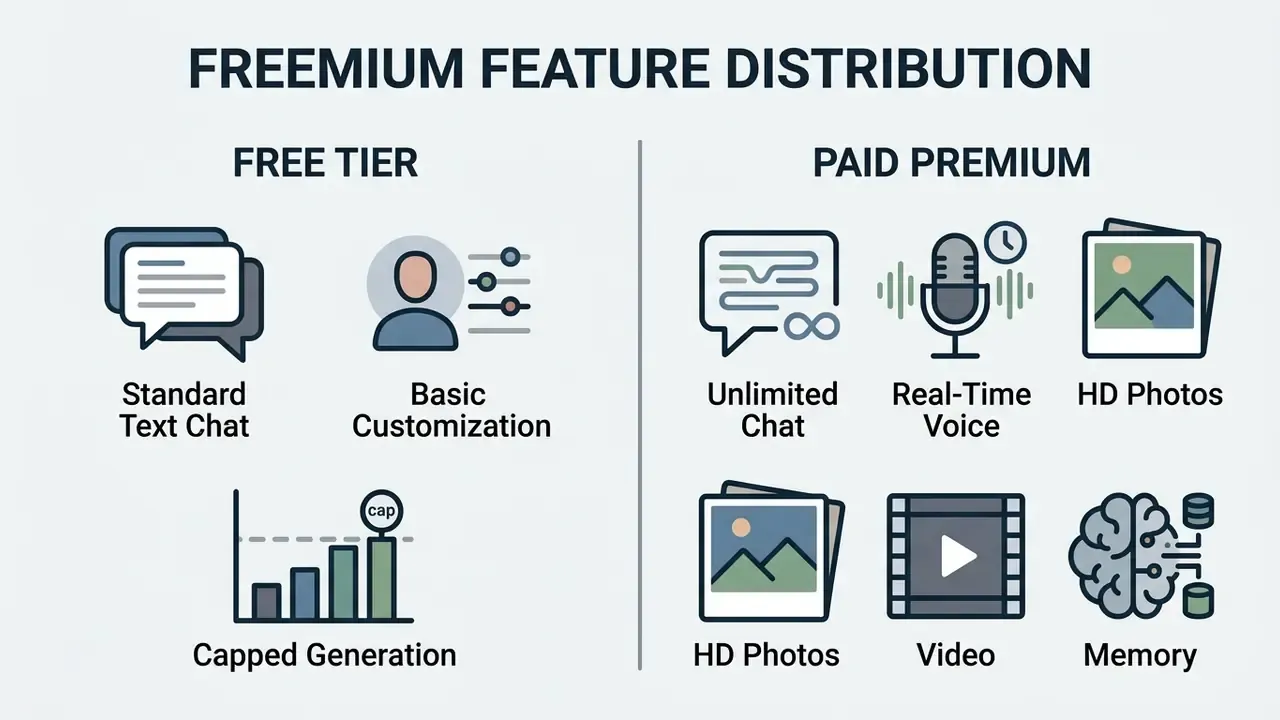 Comparison of free and paid service features using icons for chat, customization, media, and memory