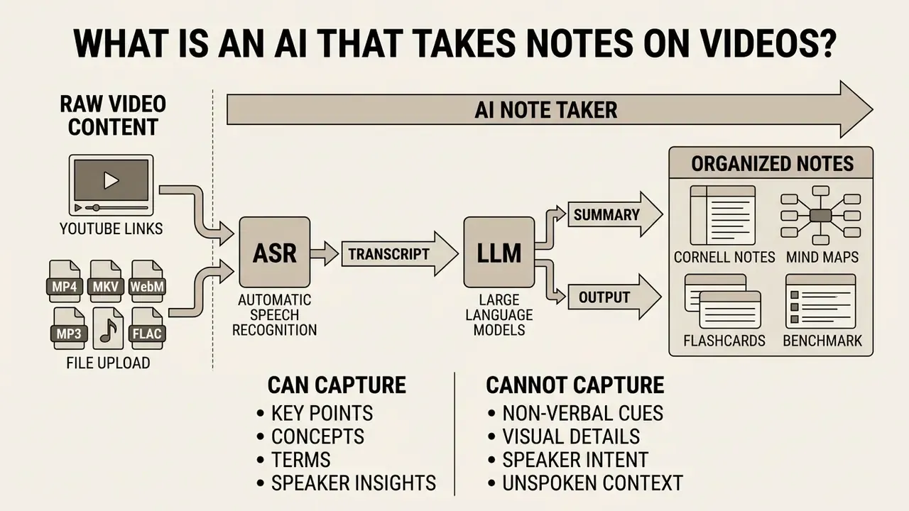 Flowchart showing how ASR and LLM technology processes raw video content into organized summary notes