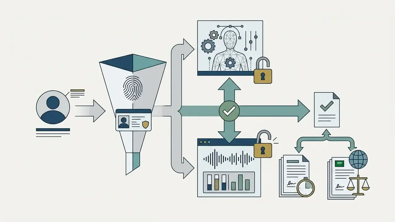 User identity funnel leading to avatar and voice cloning validation with legal consent documentation