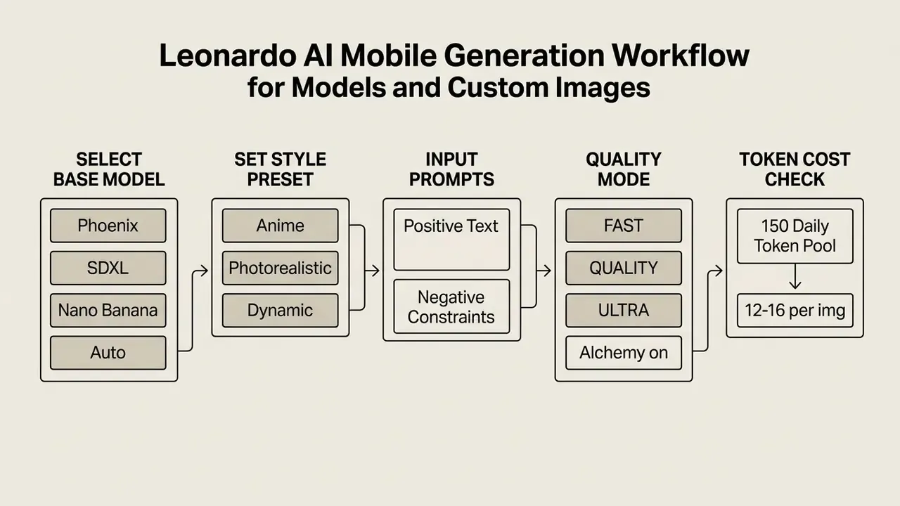 Step by step workflow for generating images in a mobile AI art generator app from model to token cost
