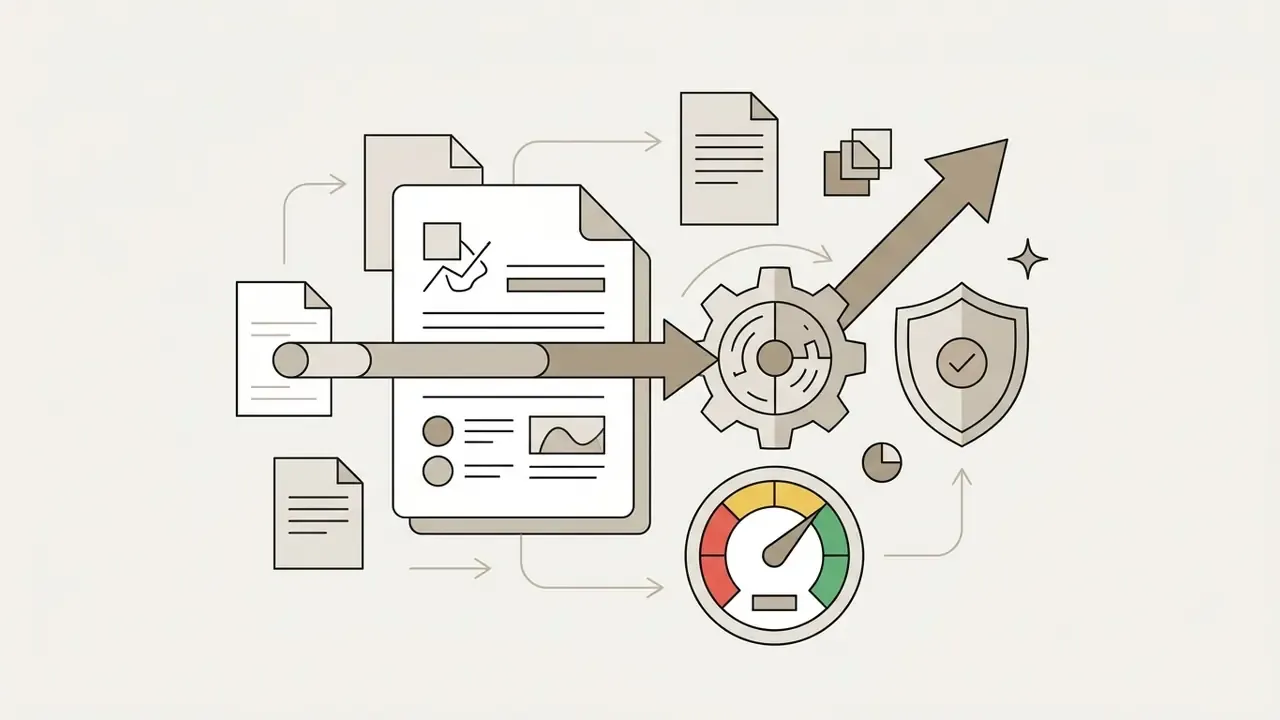 Documents moving through a gear and gauge system toward a shield icon representing protected content